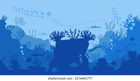 silhouette of coral reef with fish and divers on blue sea background underwater vector illustration