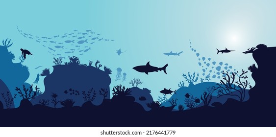 Silhouette des Korallenriffs mit Fischen und Tauchern auf blauem Hintergrund unter Wasser Vektorgrafik