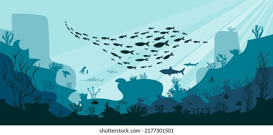 silhouette of coral reef with fish and divers on blue sea background underwater vector illustration
