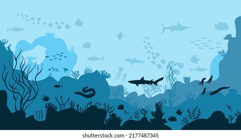 silhouette of coral reef with fish and divers on blue sea background underwater vector illustration