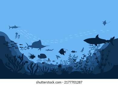 silhouette of coral reef with fish  on blue sea background underwater vector illustration