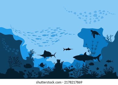 silhouette of coral reef with fish  on blue sea background underwater vector illustration