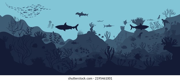 silhouette of coral reef with fish on blue sea background underwater vector illustration	
