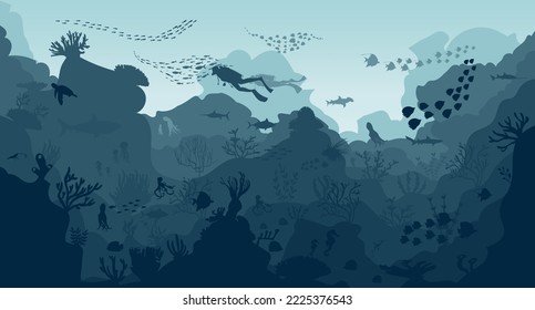  silhouette of coral reef with fish on blue sea background underwater vector illustration