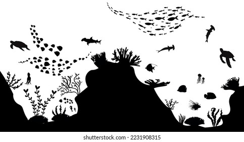 silhouette of coral reef with fish on white sea background underwater vector illustration	
