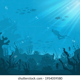 Silhouette of coral reef with fish and scuba diver on a blue sea background. Underwater marine wildlife. Nature vector illustration.