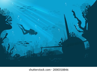 Silhouette of coral reef with fish and scuba diver on a blue sea background. Underwater marine wildlife. Nature vector illustration.