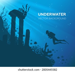 Silhouette of coral reef with fish and scuba diver on a blue sea background. Underwater marine wildlife. Nature vector illustration.