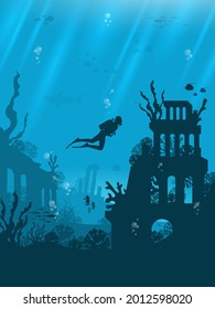 Silhouette of coral reef with fish and scuba diver on a blue sea background. Underwater marine wildlife. Nature vector illustration.