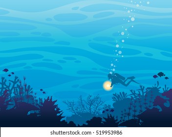 Silhouette of coral reef with fish and scuba diver on a blue sea background. Underwater marine wildlife. Nature vector illustration. 