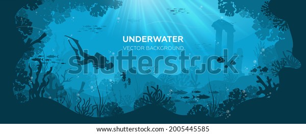 Silhouette of coral reef with fish and\
scuba diver on a blue sea background. Underwater marine wildlife.\
Nature vector\
illustration.