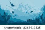 Silhouette of a coral reef with fish and a shipwreck at the bottom in the blue sea. Underwater landscape, sea or ocean undersea with ship wrecks, vector silhouette background. 