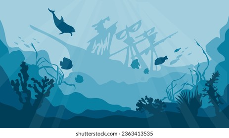 Silhouette of a coral reef with fish and a shipwreck at the bottom in the blue sea. Underwater landscape, sea or ocean undersea with ship wrecks, vector silhouette background. 