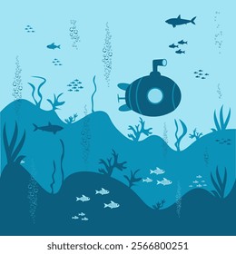 Silhouette of coral reef with fish, submarine on blue sea background underwater. Vector illustration