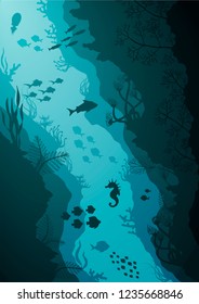 Silhouette of Coral reef and Underwater sea vector illustration