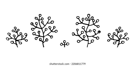 Silhouette of coral, coral reef. Vintage set of black and white hand drawn marine flora. Flat cartoon vector illustration.