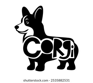 Una silueta de un perro Corgi con texto dentro del cuerpo