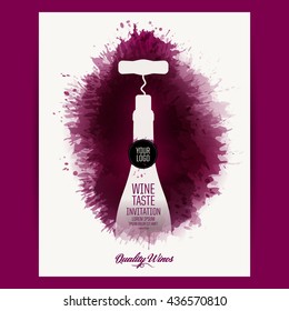 Silhouette of corkscrew and bottle of wine. Background texture wine stains. vector illustration