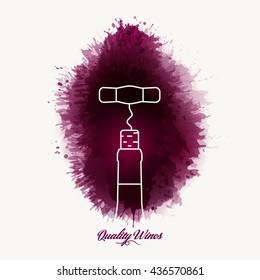 Silhouette of corkscrew and bottle of wine. Background texture wine stains. vector illustration