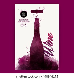 Silhouette of corkscrew and bottle of wine. Background texture wine stains. vector illustration