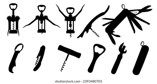 Silhouette de corktornillos y abridores. Abridor de botellas de vino, abrebotellas de abertura, corcadero recargable electrónico, cuchillo de sommeliers con corcadero y cuchillo o cuchillo de bolsillo del ejército suizo, conjunto aislado de iconos vectoriales