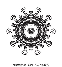 Silhouette Corona Virus Mandala Vector. Editable EPS Illustration File. Logo Icon For Covid, Trend Sick. Micro Bacteria 2019-nCoV Infection Concept. Dangerous Coronavirus Cell.  Line Art Sars Monster