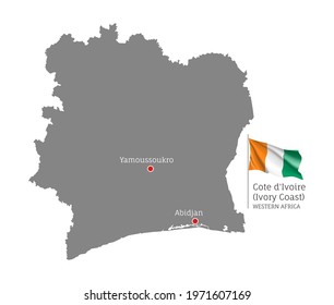 Silhouette of Cote D ivoire country map. Gray editable map with waving national flag and Yamoussoukro, Abidjan cities, Western Africa country territory borders vector illustration on white background