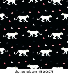 Silhouette of cougar seamless black pattern. White wild cat on black background with pink triangles.