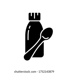 Silhouette Cough syrup with teaspoon. Bottle of mixture, linctus or liquid medicine, measuring spoon. Black outline icon of baby treatment, dose of medication. Isolated vector emblem, white background