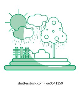 silhouette counds raining with tree and grid wool