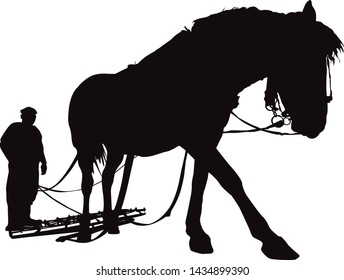 Silhouette of country man plowing by horse.