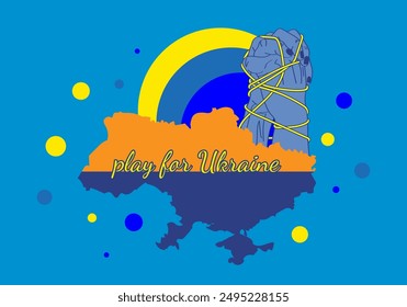 Silhouette of the country Ukraine. Strong hands tied with a thread. Associative illustration of the struggle and support of the country. Drawing in blue and yellow colors for decocra and printing.