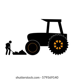 silhouette countryside tractor with pictogram male with shovel