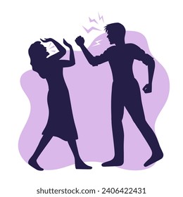 Silhouette of couple of an aggressive man and frightened woman on a purple background. Family, lovers, addiction Charity public organization for the protection of victims banner, website, poster