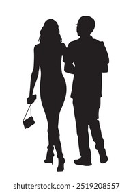 Silueta de la pareja brazo en brazo caminando lejos. Hombre en gafas y mujer en tacones altos sosteniendo el teléfono y el bolso. Ilustración vectorial en blanco y negro.