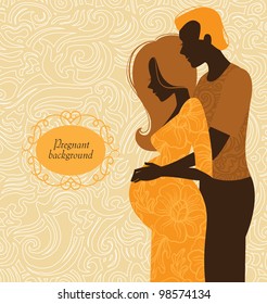 Silhouette of couple. Background of pregnant woman and her husband