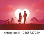 Silhouette couple with a bicycle in front of a glowing heart and sunset sky. Perfect for Valentine