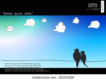 silhouette couple of bird stand on wire with sky and cloud background