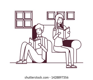 silhouette of couple with book in hands in living room