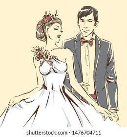 Silhouette of couple, bride and groom drawing by black lines. Vector freehand cartoon style. Wedding ceremony. Elegant bride in beautiful dress and handsome fiance. Artwork for invitation card, banner