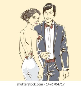 Silhouette of couple, bride and groom drawing by black lines. Vector freehand cartoon style. Wedding ceremony. Elegant bride in beautiful dress and handsome fiance. Artwork for invitation card, banner