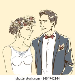 Silhouette of couple, bride and groom drawing by black lines. Vector freehand cartoon style. Wedding ceremony. Elegant bride in beautiful dress and handsome fiance. Artwork for invitation card, banner