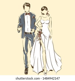 Silhouette Couple Bride Groom Drawing By Stock Vector (Royalty Free ...