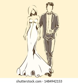 Silhouette of couple, bride and groom drawing by black lines. Vector freehand cartoon style. Wedding ceremony. Elegant bride in beautiful dress and handsome fiance. Artwork for invitation card, banner