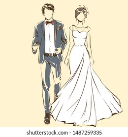 Silhouette of couple, bride and groom drawing by black lines. Vector freehand cartoon style. Wedding ceremony. Elegant bride in beautiful dress and handsome fiance. Artwork for invitation card, banner