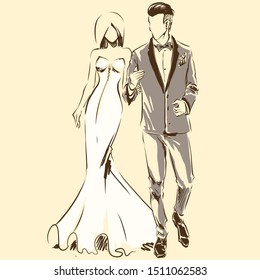Silhouette of couple, bride and groom drawing by black lines. Vector freehand cartoon style. Wedding ceremony. Elegant bride in beautiful dress and handsome fiance. Artwork for invitation card, banner