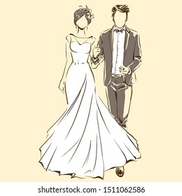 Silhouette of couple, bride and groom drawing by black lines. Vector freehand cartoon style. Wedding ceremony. Elegant bride in beautiful dress and handsome fiance. Artwork for invitation card, banner