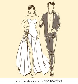 Silhouette of couple, bride and groom drawing by black lines. Vector freehand cartoon style. Wedding ceremony. Elegant bride in beautiful dress and handsome fiance. Artwork for invitation card, banner