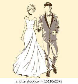 Silhouette of couple, bride and groom drawing by black lines. Vector freehand cartoon style. Wedding ceremony. Elegant bride in beautiful dress and handsome fiance. Artwork for invitation card, banner