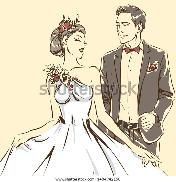 Silhouette Couple Bride Groom Drawing By Stock Image Download Now